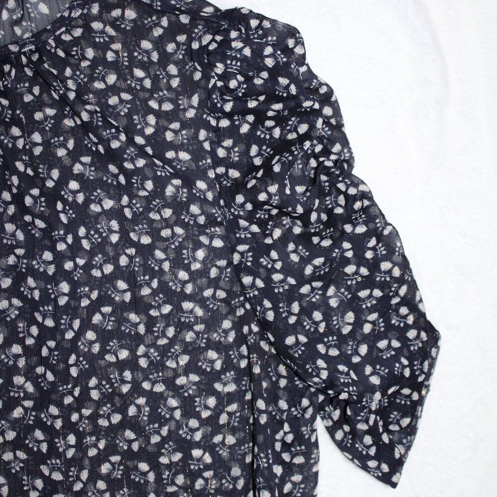 J. Crew Sheer Floral Blue & Gold Blouse Ruched Sleeves Short Sleeve Size Small - Picture 3 of 5